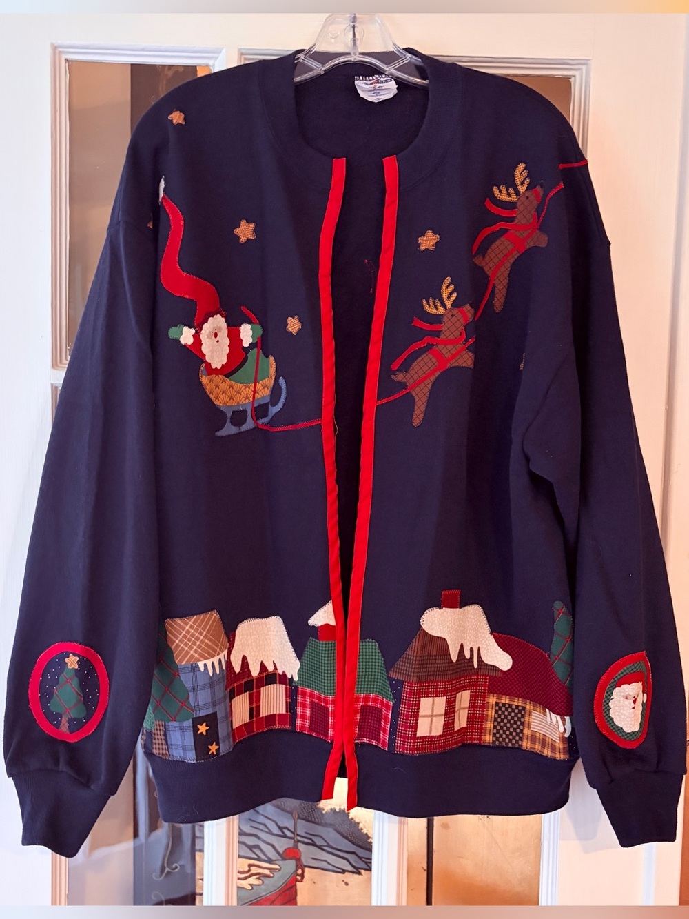 Christmas Appliqué Embroidered Santa Reindeer Cardigan Sweatshirt SZ XL Granny